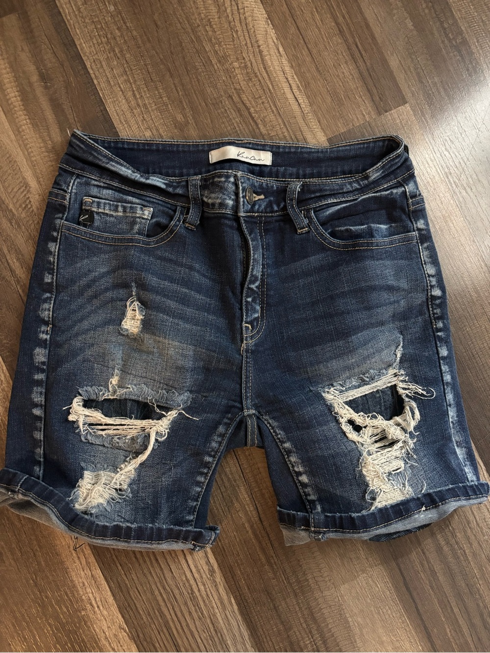 KanCan Women's Distressed Dark Blue Denim Shorts